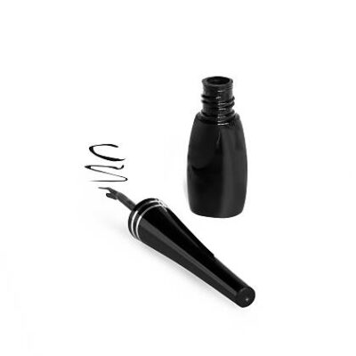 Open black eyeliner and wavy line painted by it on a white background isolated